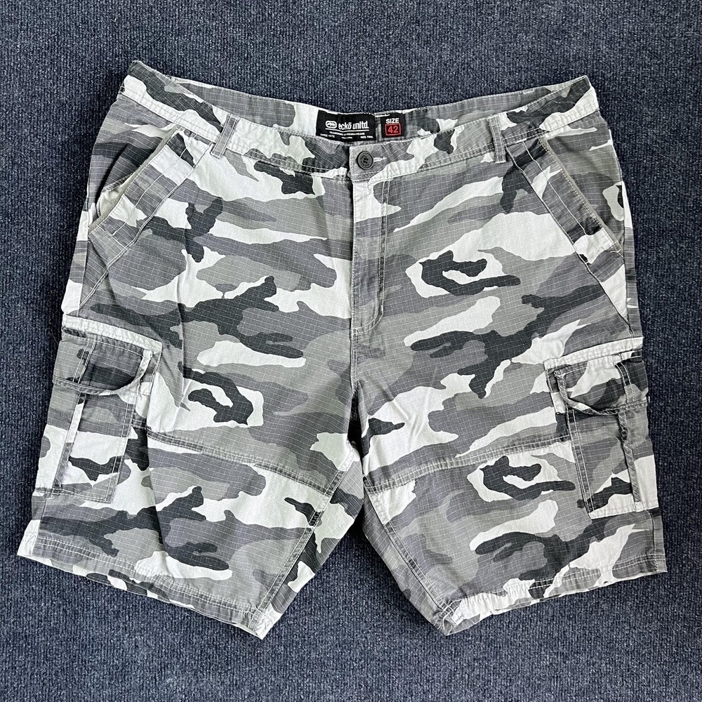 Y2K Ecko Unltd Shorts Mens 42 Gray Camo Cargo Ripstop Utility Army Casual Cotton